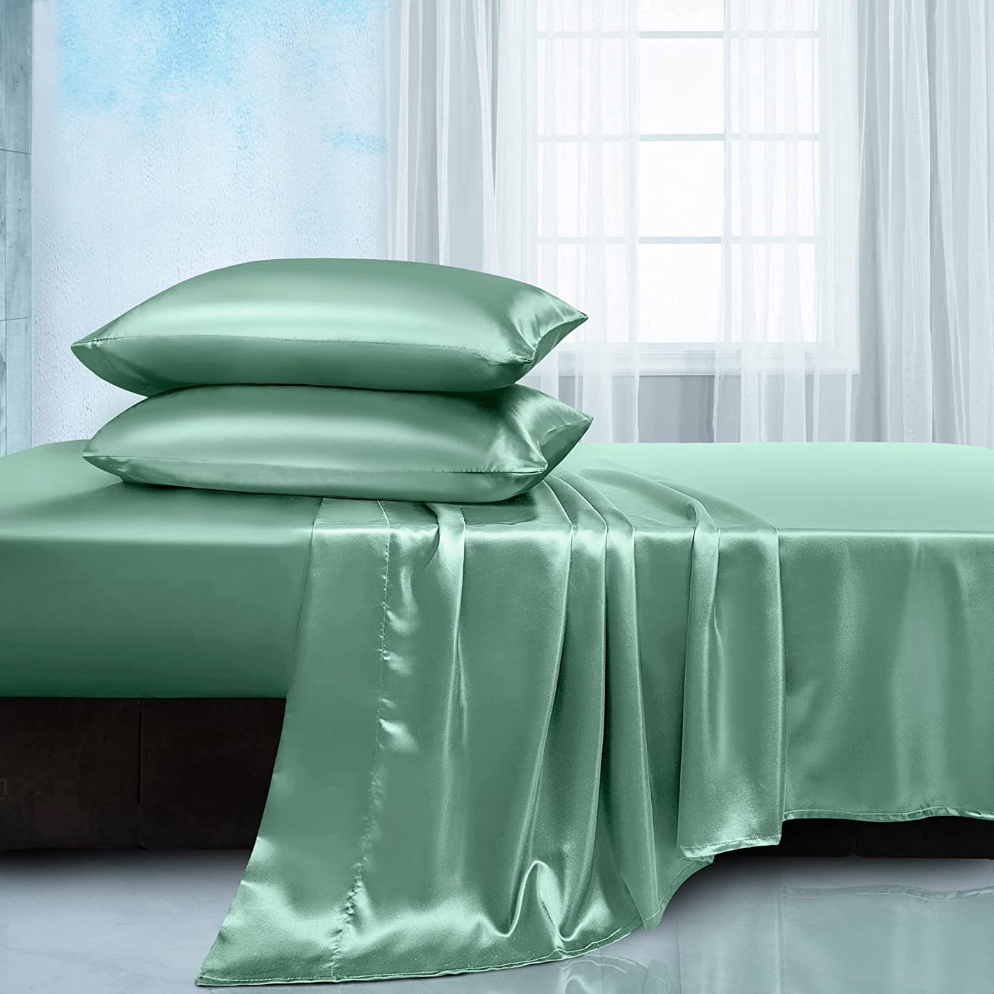 Soft Silky Satin Sheets Set, Luxury Bedding Sheet Set(1 Satin Fitted Sheet, 1 Satin Flat Sheet, 2 Satin Pillow Cases(Twin/1Pillow Case)