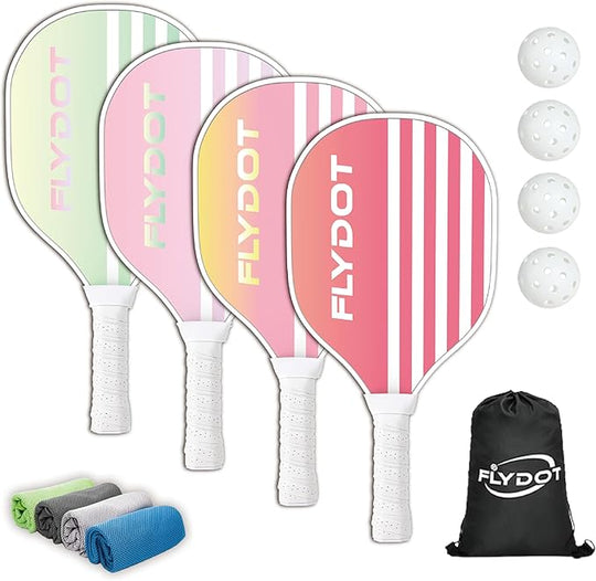 Pickleball Game Set of 4 - Balls, Carrying Bag, 4 Cooling Towels, 4 Pack Paddles