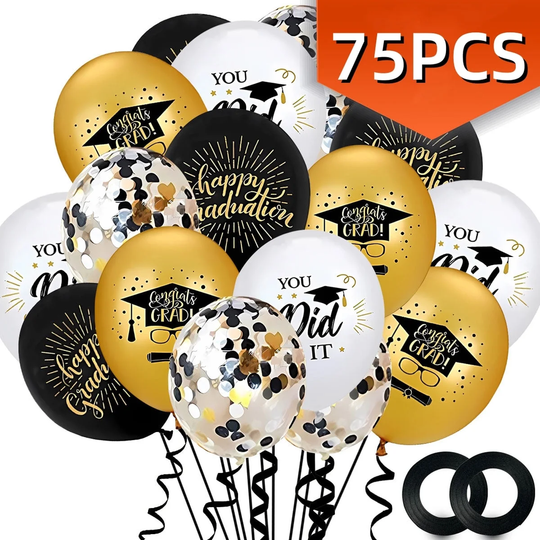 Pack of 75 Graduation Party Decoration Balloons with Balloon Ribbons