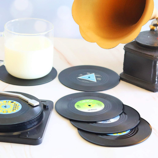 Set of 6 Retro Record Coasters for Drinks with Vinyl Holder