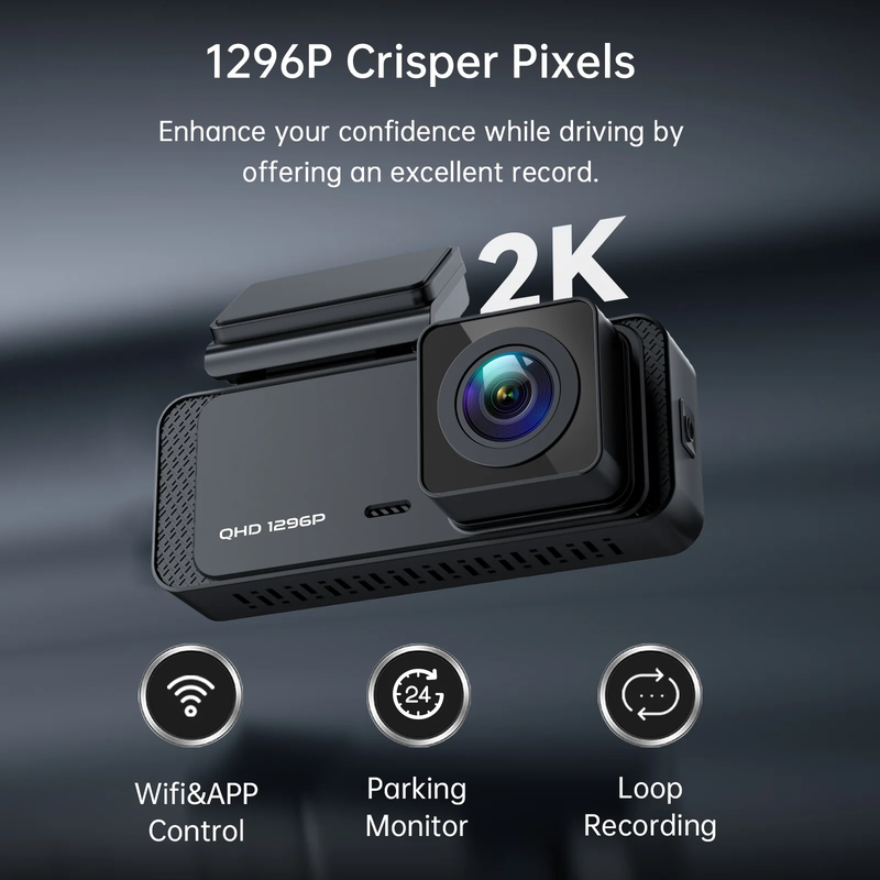 Dash Cam Front Wifi 1296P with Night Vision, APP, 24H Parking Mode, and Loop Recording