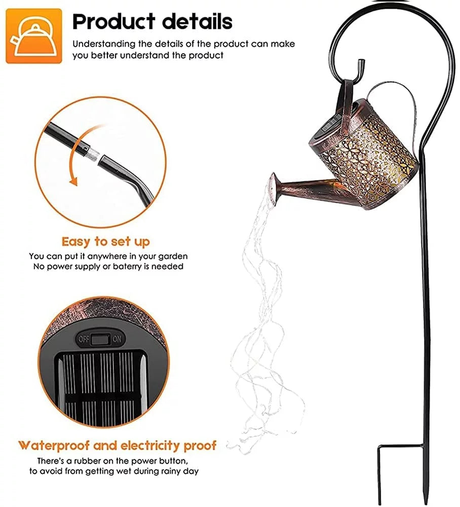 Solar Waterfall Watering Can with Garden Lights & Shepherd Hook