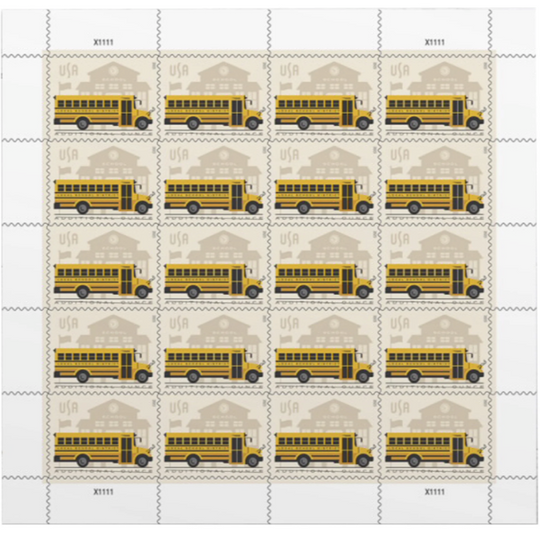 School Bus Additional Ounce USPS Postage Stamps - 1 Sheet of 20