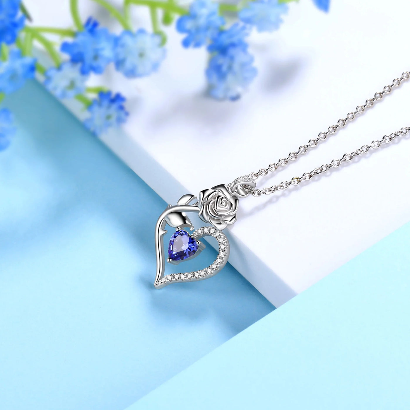 925 Sterling Silver Birthstone Necklace -  Rose Flower Heart Pendant with Chain