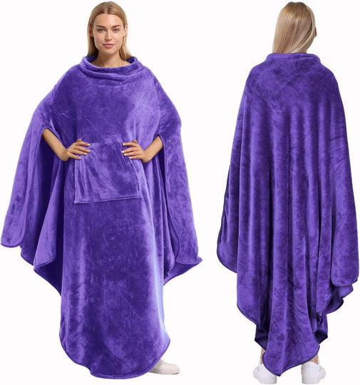 Fleece Wearable Blanket Poncho - Warm Cozy Travel Wrap Cape