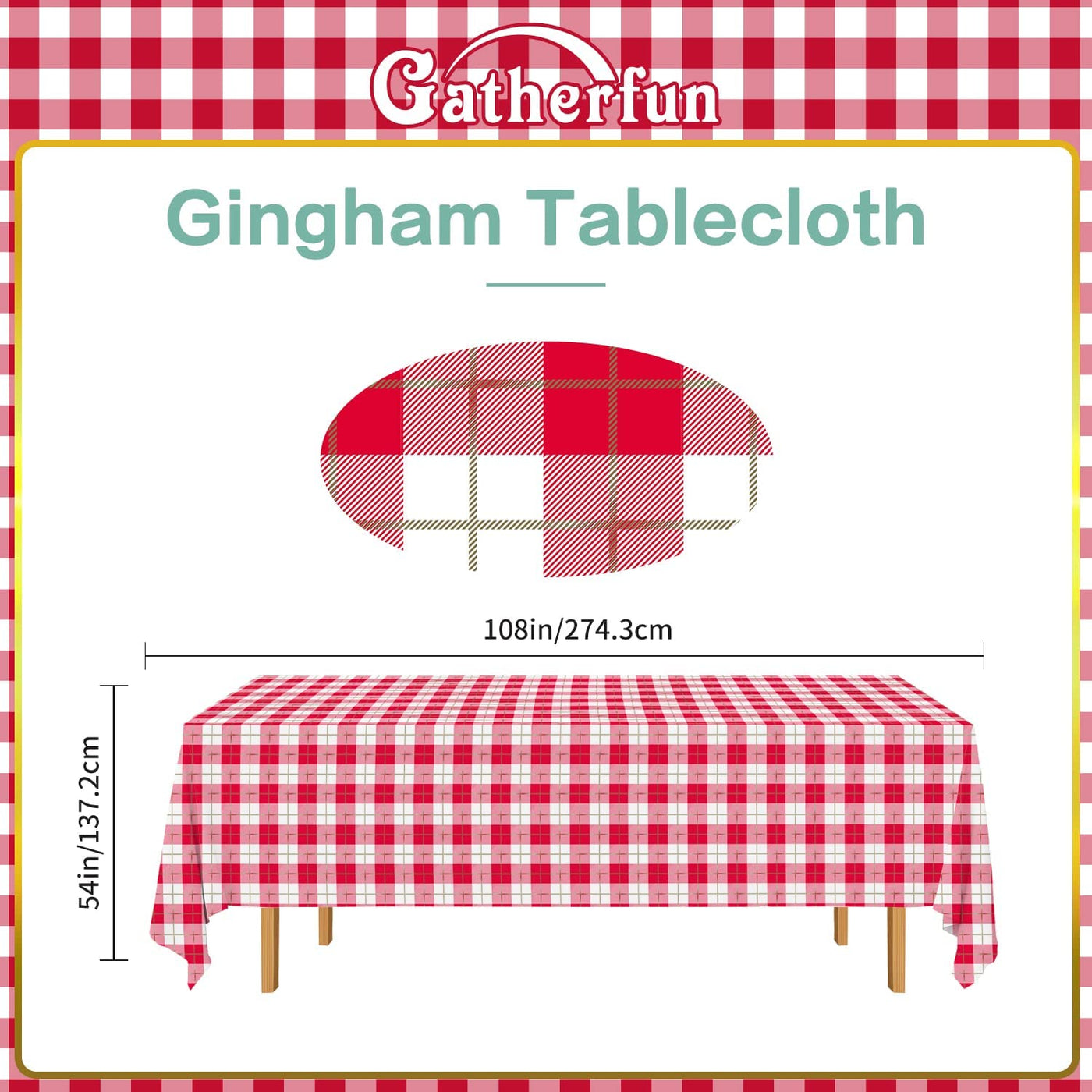  3PCS Red White Gingham Rectangular Waterproof Tablecloth