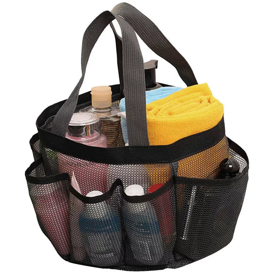Natural Mesh Shower Caddy Portable Shower Tote Bag for College Dorm Essentials, Bathroom, Gym, Camp, Travel, Hanging Shower Caddy Basket, Quick Dry Toiletry Bag (8-Pockets | Black)