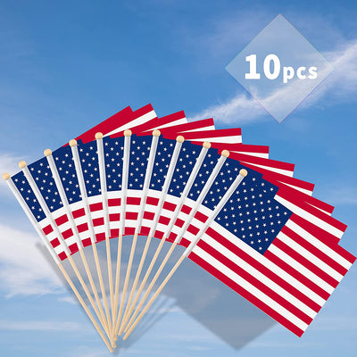  10 Pack US HandHeld Small Flag 8.2x5.5 inch (21x4cm) With 12 inch(30cm)Solid Wooden Pole for World Cup ,Party,Parade,Patriotic Activities,Home Decoration