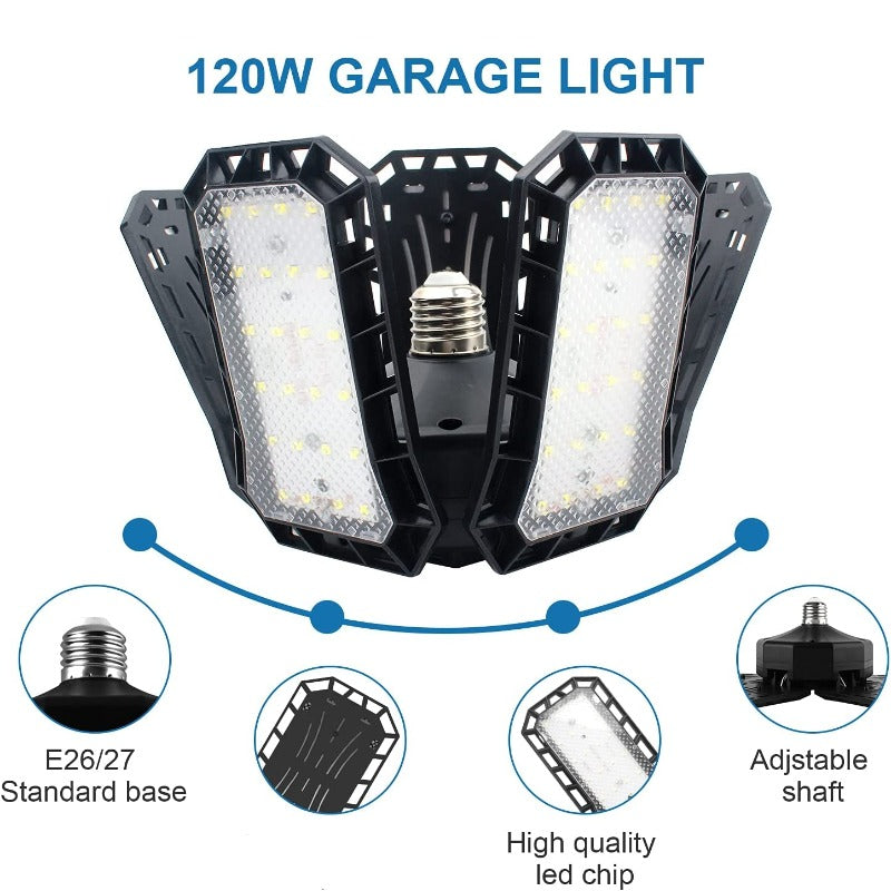 2 Pack LED Garage Lights,120W 6500K Garage Lights with 5 Adjustable Panels E26/E27 Screw Base 