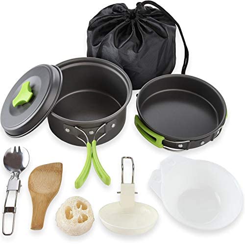 N Camping Cookware Mess Kit, Backpacking Gear and Hiking Outdoors Bug Out Bag Cooking Equipment 10 Piece Cookset | Lightweight, Compact, Durable Pot Pan Bowls with Free Folding Spork and Nylon Bag