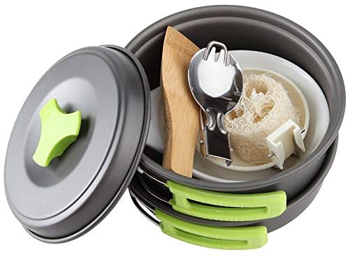 N Camping Cookware Mess Kit, Backpacking Gear and Hiking Outdoors Bug Out Bag Cooking Equipment 10 Piece Cookset | Lightweight, Compact, Durable Pot Pan Bowls with Free Folding Spork and Nylon Bag