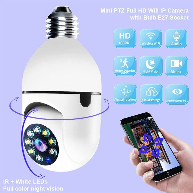 Wireless WiFi Camera Light Bulb, 360 Degree E27 Bulb Security Camera Outdoor, Two-Way Audio, Full Color Day and Night