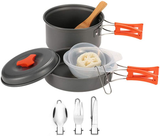 DZRZVD Camping Cookware Mess Kit Gear,Backpacking Accessories Equipment Pots and Pan Set with Mesh Carrying Bag for Hiking, Picnic