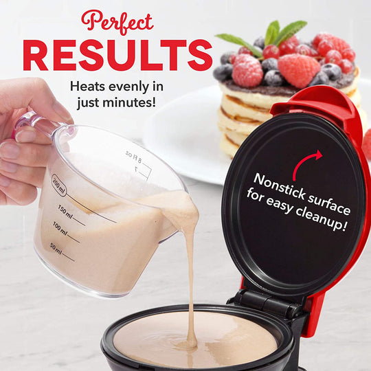 Dash DMS001RD Mini Maker Electric Round Griddle for Individual Pancakes, Cookies, Eggs & other on the go Breakfast, Lunch & Snacks, with Indicator Light + Included Recipe Book, Red