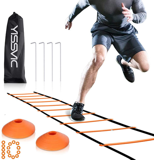 YISSVIC Agility Ladder and Cones 20 Feet 12 Adjustable Rungs Fitness Speed Training Equipment, 20 Feet Speed Agility 1 Carry Bags, 10 Cones, 4 Stakes, Basketball, Soccer, Football