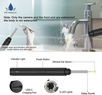 Ear Wax Removal Endoscope Earwax Cleaner, Visual Ear Cleaner with Camera, WiFi Earwax Cleaner Tool with 1080P HD Camera and 6 LEDs Compatible with Android/iOS (Matte Black)