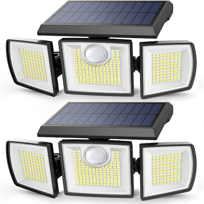 2 Pack LED Solar Security Lights - Outdoor Motion Sensor, 306 LEDs, 3 Heads 270° Wide Angle IP65 Waterproof Wall Lights