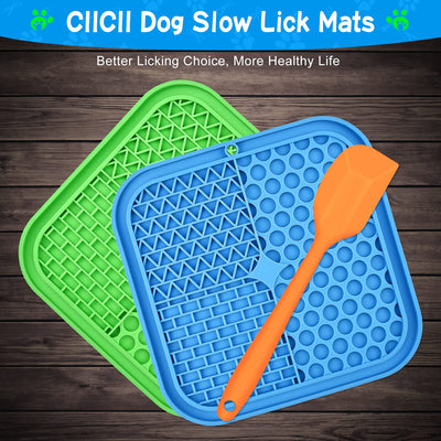  3Pcs Slow Feeder Dog Bowls with Suction Cups（Green Dog Lick Mat + Blue Lick Mat for Cats + Orange Spatula） for Dog Treats & Cat Food (Anti-Slip, Food Grade Silicone)