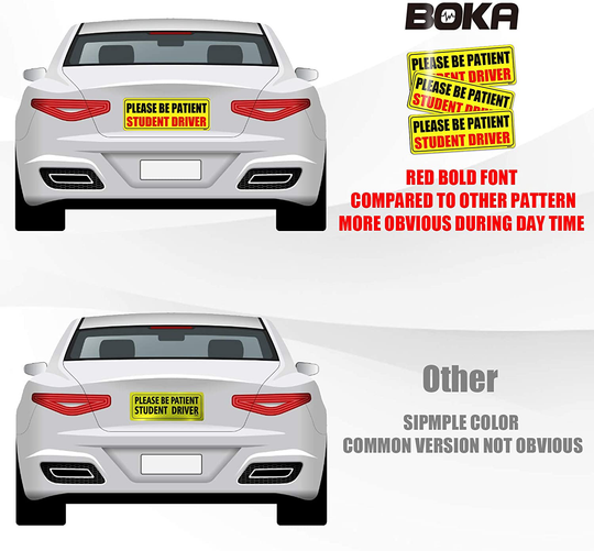 BOKA Student Driver Magnet for Car, Upgraded Please Be Patient New Driver Safety Signs,Teen Rookie Novice Driver Vehicle Bumper Magnetic Sticker for Beginner, High Reflective, Red Font, Set of 3