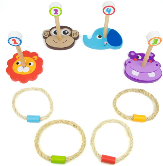Imagination Generation Jungle Ring Toss Game, Indoor/Outdoor Family Fun with 4 Wooden Zoo Animal Targets