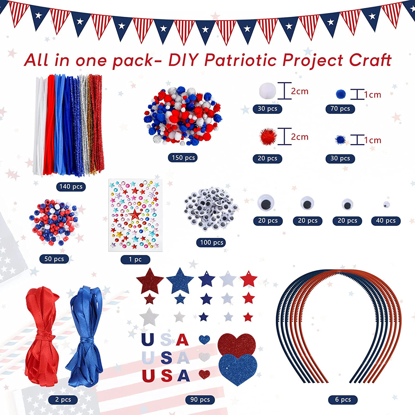 539-590 PCS Patriotic Headband Kit, 4th of July Headband Ornament Set Independence Day Hair Decor Crafts for Kids Party Favors Decorations