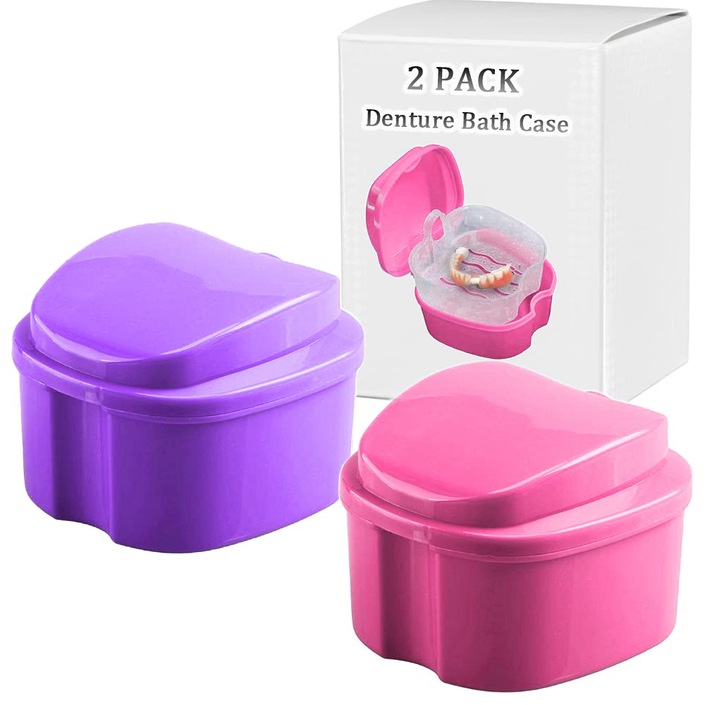 Denture Bath Box Cup, Complete Clean Care for Dentures, Clear Braces, Mouth Guard, Night Guard & Retainers,Traveling (Blue & White)