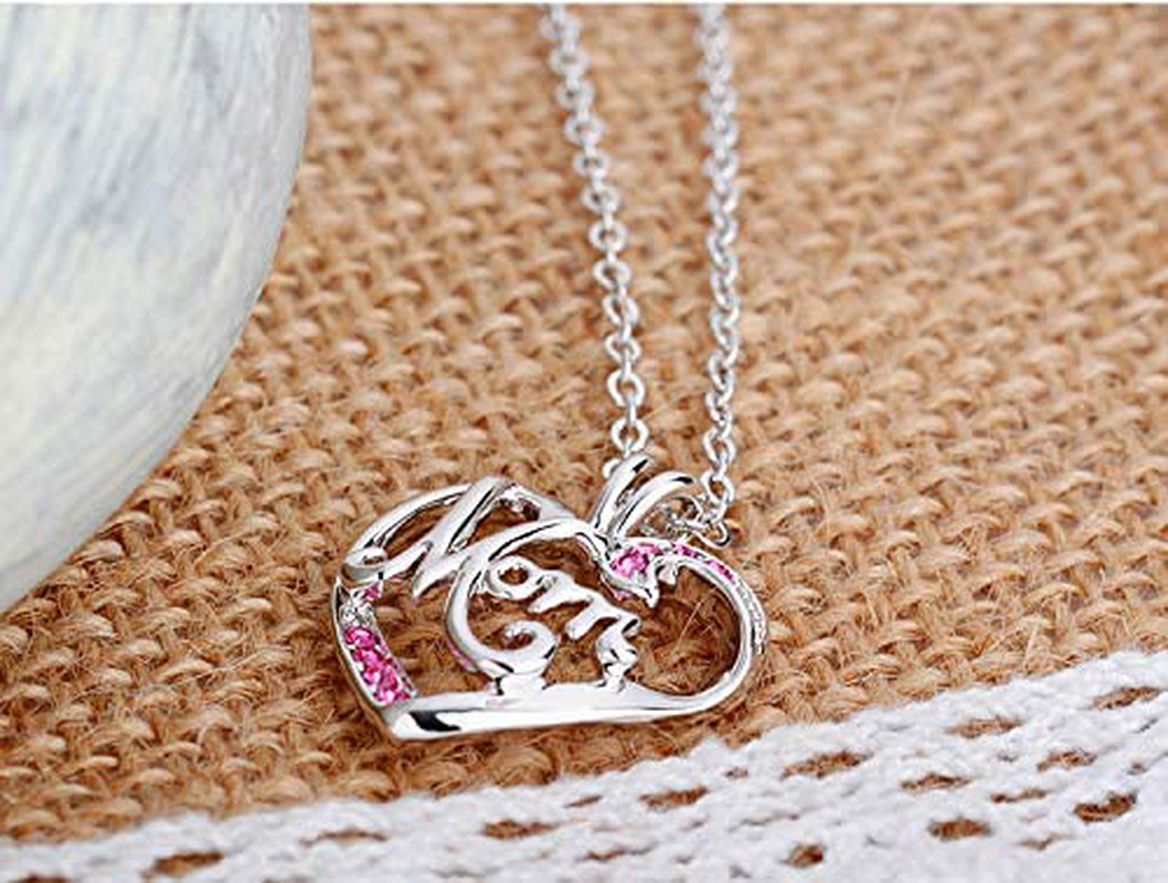 Mom Gifts Heart Necklace from Kids Silver Love Heart Pendant Necklace for Mom Jewelry Gifts Red Rhinestone Necklace Birthday Christmas Gifts for Mom Mother