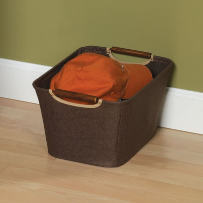 Household Essentials 600 Small Tapered Fabric Storage Bin with Wood Handles | Coffee Linen,Brown