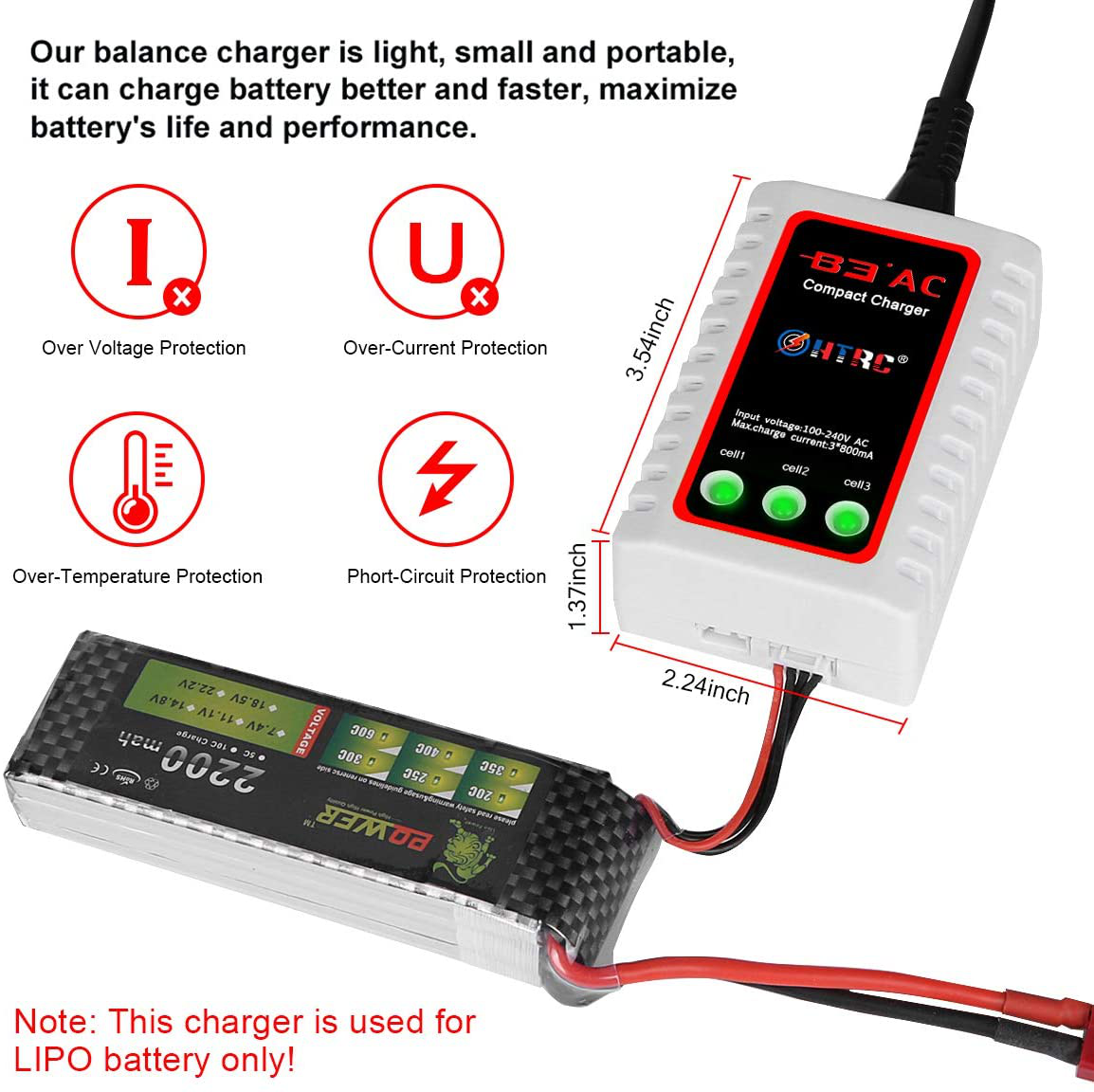 HTRC LiPo Charger 2S-3S Balance Battery Charger 7.4-11.1V RC B3AC Pro Compact Charger(White)