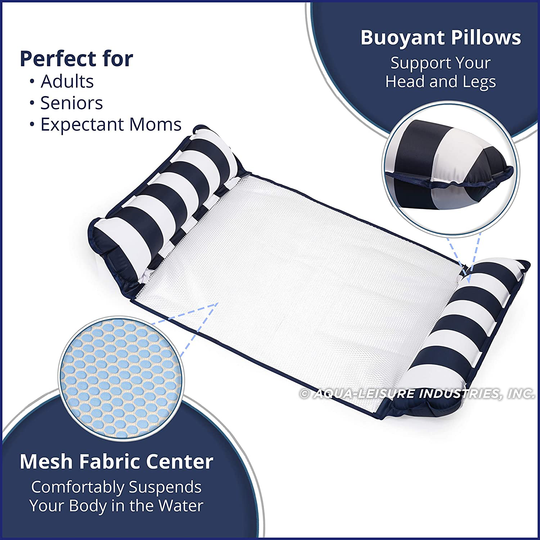 Aqua LEISURE 4-in-1 Monterey Hammock XL (Longer/Wider) Inflatable Pool Chair, Adult Pool Float (Saddle, Lounge Chair, Hammock, Drifter), Water Hammock, Navy/White Stripe (AZL18905BL)