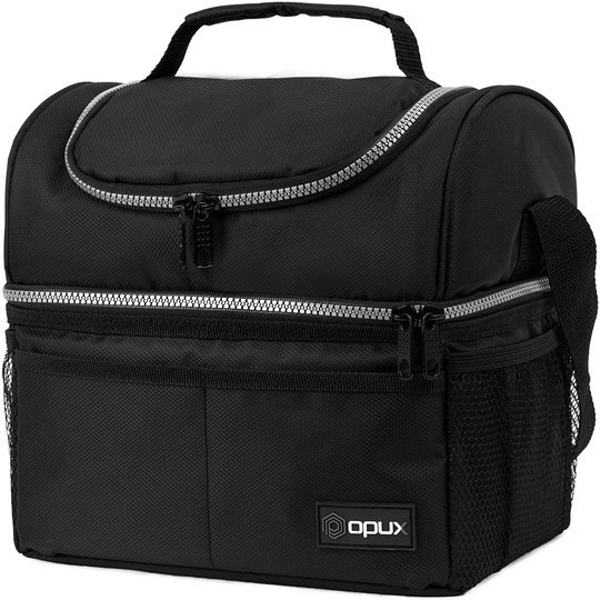 Insulated Dual Compartment Lunch Bag for Men, Women | Double Deck Reusable Lunch Box Cooler with Shoulder Strap, Leakproof Liner | Medium Lunch Pail for School, Work, Office (Black)
