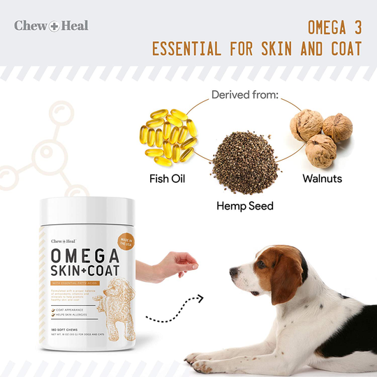 180 Soft Chew Omega Treats for Skin and Coat - Fish Oil Blend of Essential Fatty Acids, Omega 3, 6, and 9, Vitamins, Antioxidants and Minerals