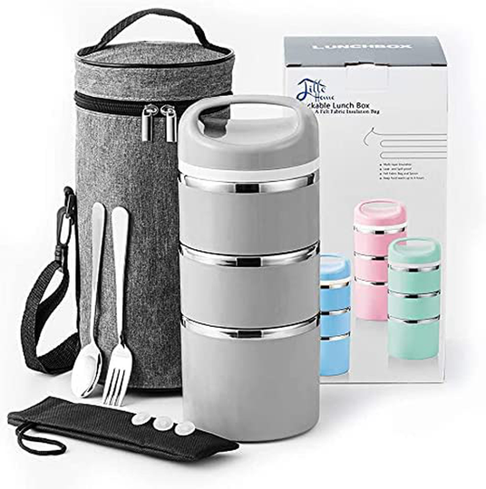 Lille Home Stackable Stainless Steel Thermal Compartment Lunch/Snack Box, 3-Tier Insulated Bento/Food Container with Upgraded Lunch Bag, Portable Cutlery Set and 3 Extra Silicone Seals, 43OZ, Pink