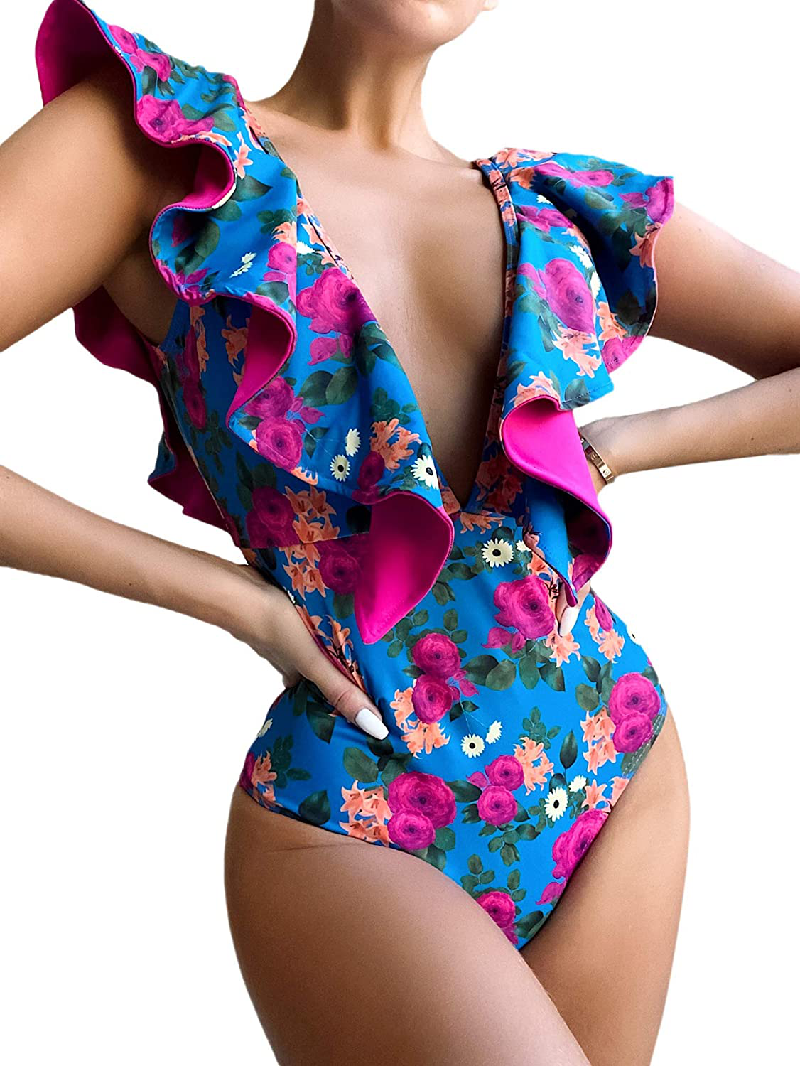 SheIn Women's Floral Plunge Neck One Piece Swimwear Ruffle Monokini Bathing Suit