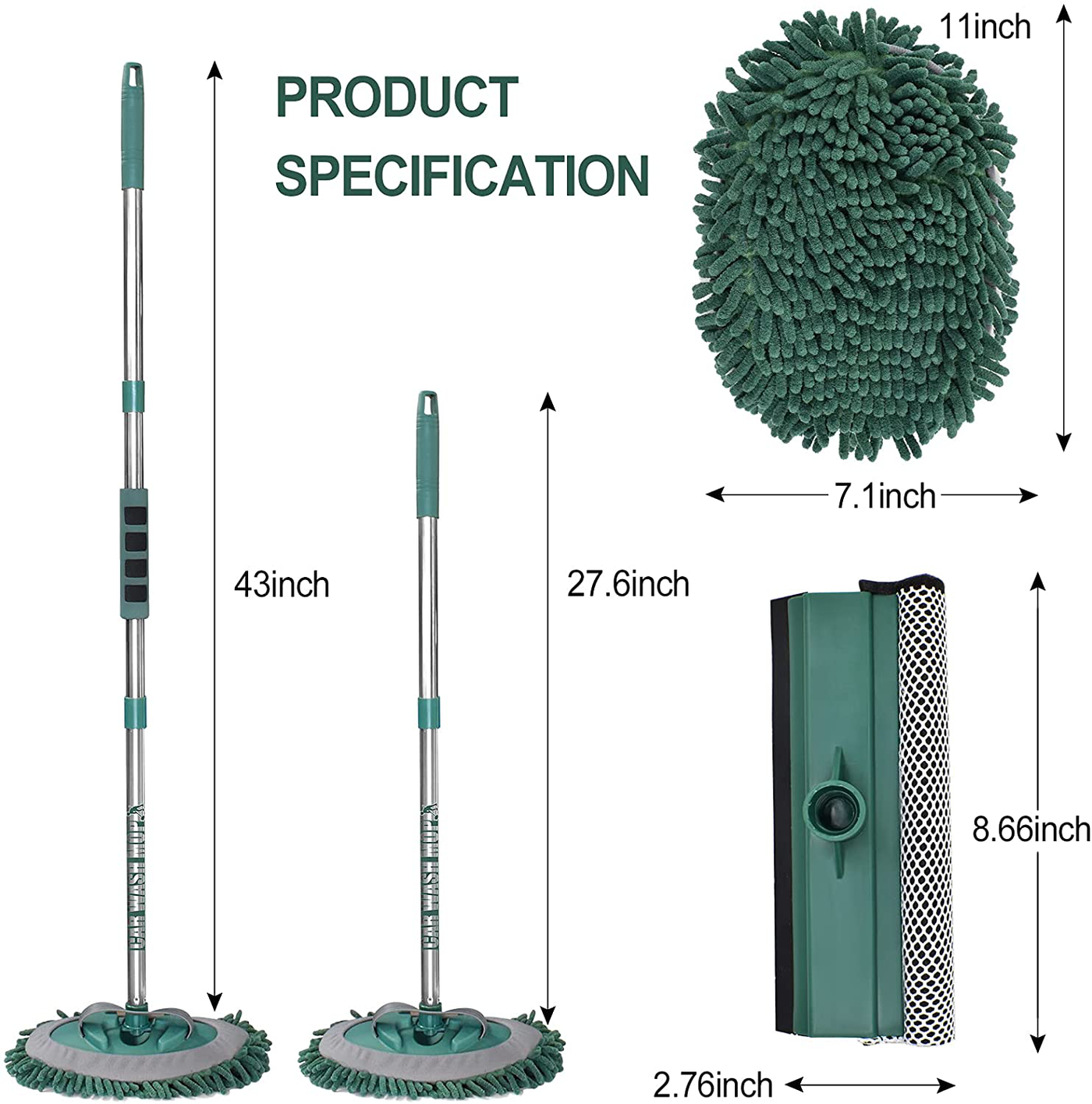 AgiiMan Car Wash Brush with Long Handle - 3 in 1 Car Cleaning Mop, Chenille Microfiber Mitt Set, Adjustable Length 24in-43in Glass Scrabber Vehicle Cleaner Kit, Green
