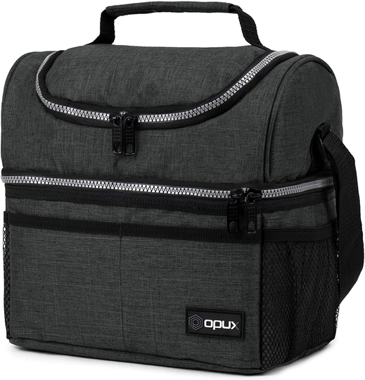 Insulated Dual Compartment Lunch Bag for Men, Women | Double Deck Reusable Lunch Box Cooler with Shoulder Strap, Leakproof Liner | Medium Lunch Pail for School, Work, Office (Charcoal Gray)