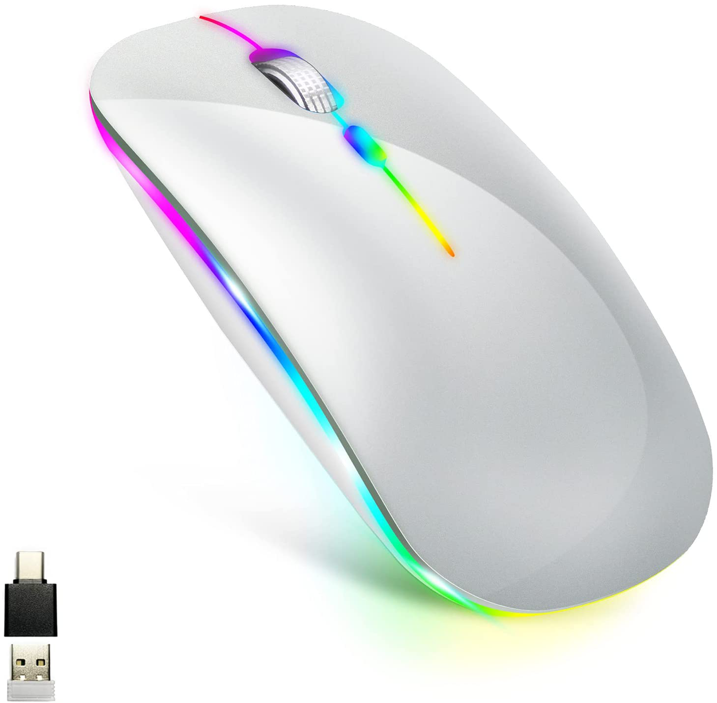 LED Wireless Mouse for MacBook air/MacBook pro/Laptops/Windows/Mac,Rechargeable Slim Silent Mouse 2.4G USB/Type-c Receiver,Rechargeable Wireless Mouse for MacBook/air/pro/mac/pc(White)