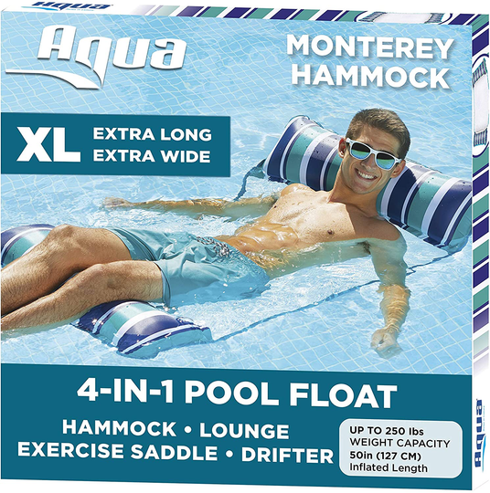 AQUA 4-in-1 Monterey Hammock XL (Longer/Wider) Inflatable Pool Chair, Adult Pool Float (Saddle, Lounge Chair, Hammock, Drifter), Water Hammock, Teal/Navy Stripe