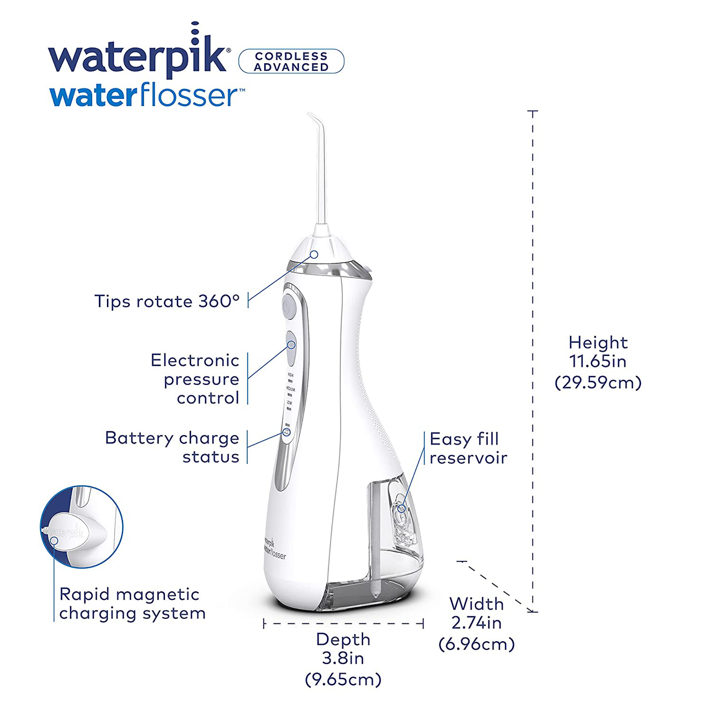 Waterpik Cordless Advanced Water Flosser For Teeth, Gums, Braces, Dental Care With Travel Bag and 4 Tips, ADA Accepted, Rechargeable, Portable, and Waterproof, White WP-560