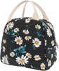 EurCross Black Lunch Bag Floral Daisy Women Tote Box Reusable Canvas Cooler Container Lunch Holder Portable Meal Prep Water-resistant for Kids Girls for School Trip Picnic Travel