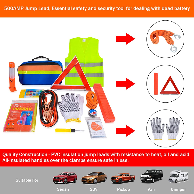 12 in 1 Vehicle Roadside Emergency Kit with Jumper Cables, Warning Triangle, Tow Rope & More