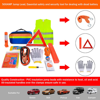 12 in 1 Vehicle Roadside Emergency Kit with Jumper Cables, Warning Triangle, Tow Rope & More