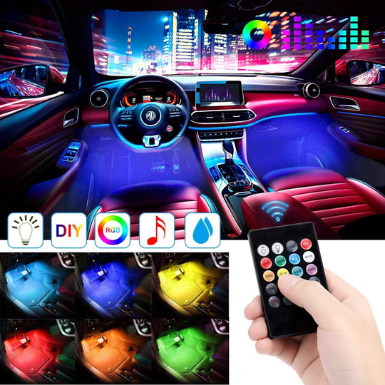 Car LED Strip Light, EJ's SUPER CAR 4pcs 48 LED DC 12V Multicolor Music Car Interior Lights LED Under Dash Lighting Atmosphere Neon Lights Kit with Sound Active Function and Wireless Remote Control