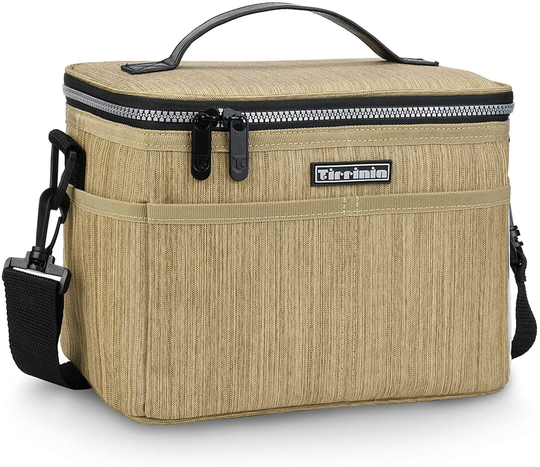 Tirrinia Insulated Lunch Bag w/Leather Handle for Women/Men, Leakproof Thermal Reusable Lunch Box Tote w/multifunctional Strap for Adult & Kids, Lunch Cooler for Work w/Durable Side Pocket, Khaki