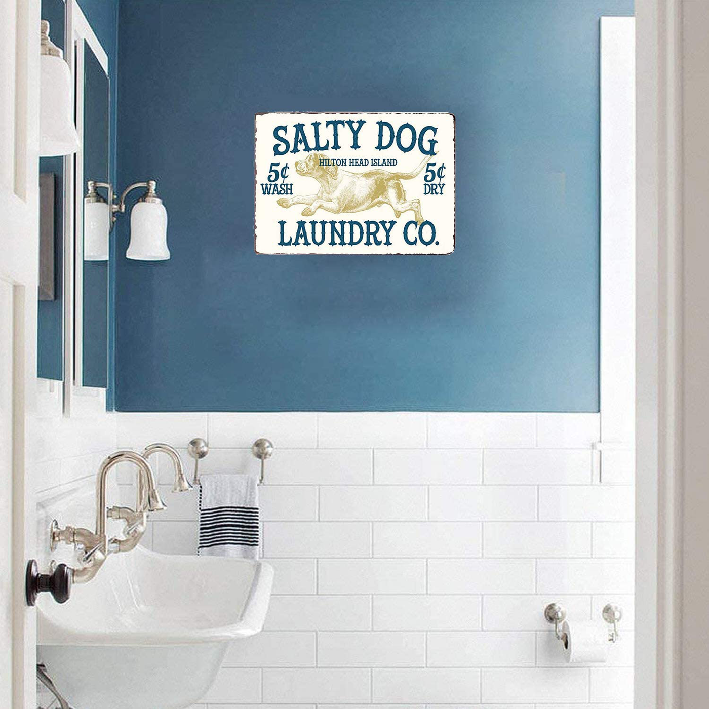 PXIYOU Salty Dog Laundry CO Vintage Farmhouse Laundry Room Sign Country Home Decor Washroom Signs Art Wall Blue 8X12Inch