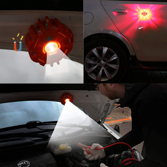 Emergency Roadside Assistance Safety Kit - First Aid Kit, Jumper Cables, LED Warning Light, Work Gloves, Tools and More