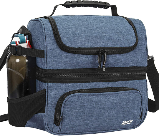 MIER Dual Compartment Lunch Bag Tote with Shoulder Strap for Men and Women Insulated Leakproof Cooler Bag, Bluesteel