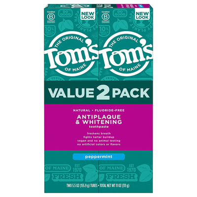 Tom's of Maine Fluoride-Free Antiplaque & Whitening Toothpaste, Travel Size, Peppermint, 1 oz. 12-Pack (Packaging May Vary)