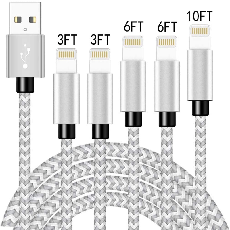5 Pack Certified Lightning Cables  3/3/6/6/10ft Nylon Braided Fast Charging - iPhone Compatible