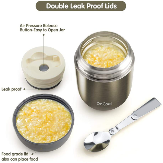 DaCool Hot Food Jar Insulated Lunch Box Container Vacuum Stainless Steel 16 Ounce Kids Adult Bento Box for Hot Food with Spoon Leak Proof for School Office Picnic Travel Outdoors, BPA free - Gray